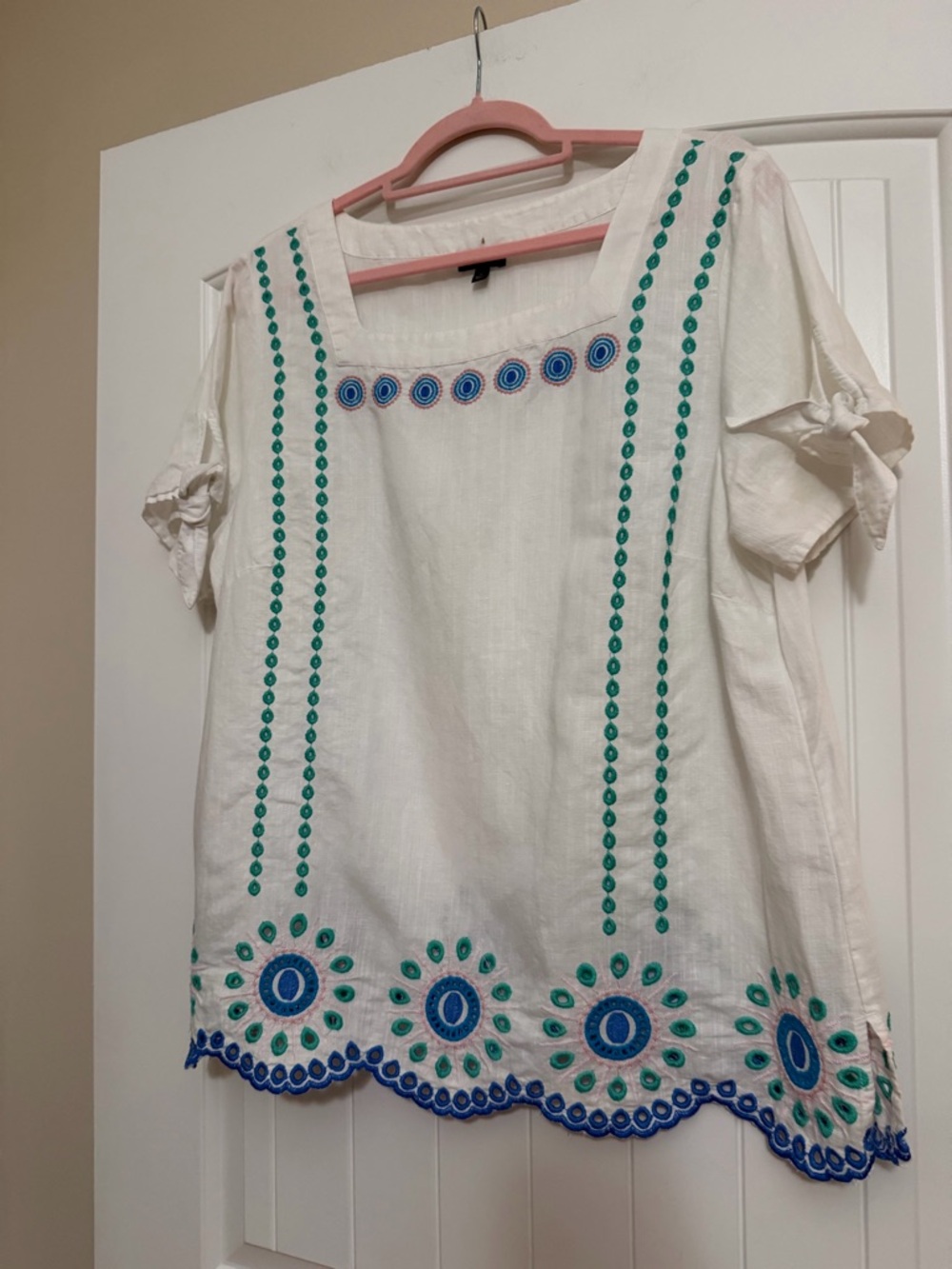 Talbots White Cotton Embroidered Peasant Blouse with Blue & Green Accents Sz. X